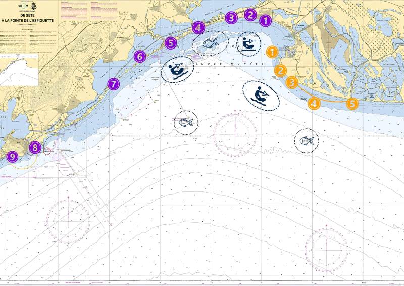 carte de navigation et de découverte de la camargue en bateau au départ du grau du roi vers l'espiguette 